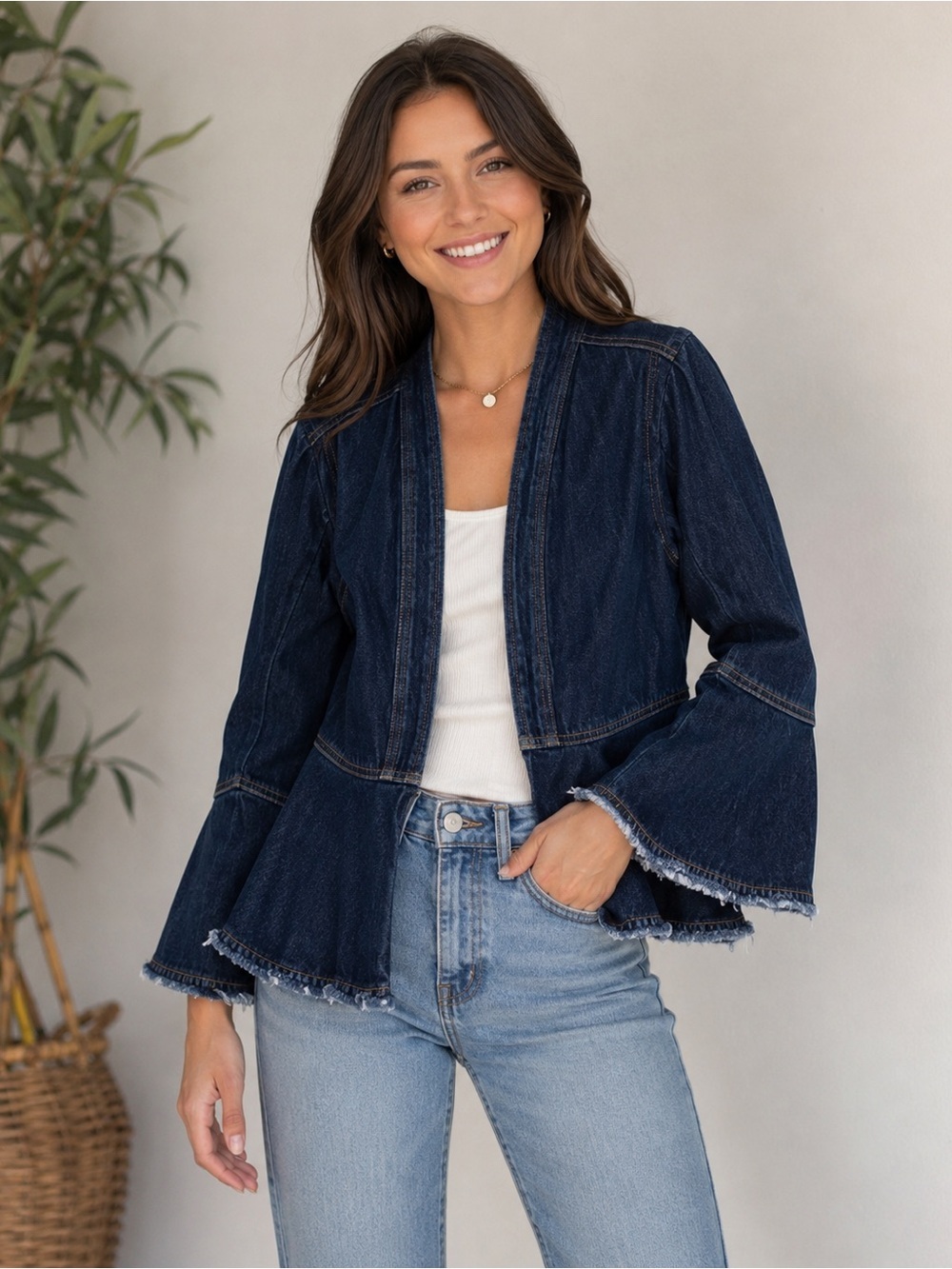 Tommy Bahama "Devin" XS Denim Jacket Peplum Hem Bell Sleeve Frayed edges